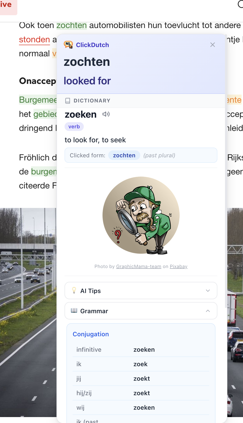 ClickDutch showing a full verb conjugation table with infinitive, present tense, past tense, and perfect forms
