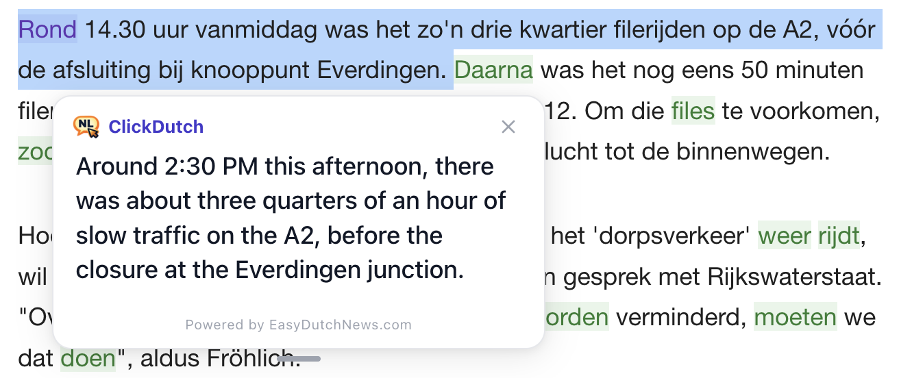 ClickDutch showing instant translation of a selected Dutch sentence on a webpage