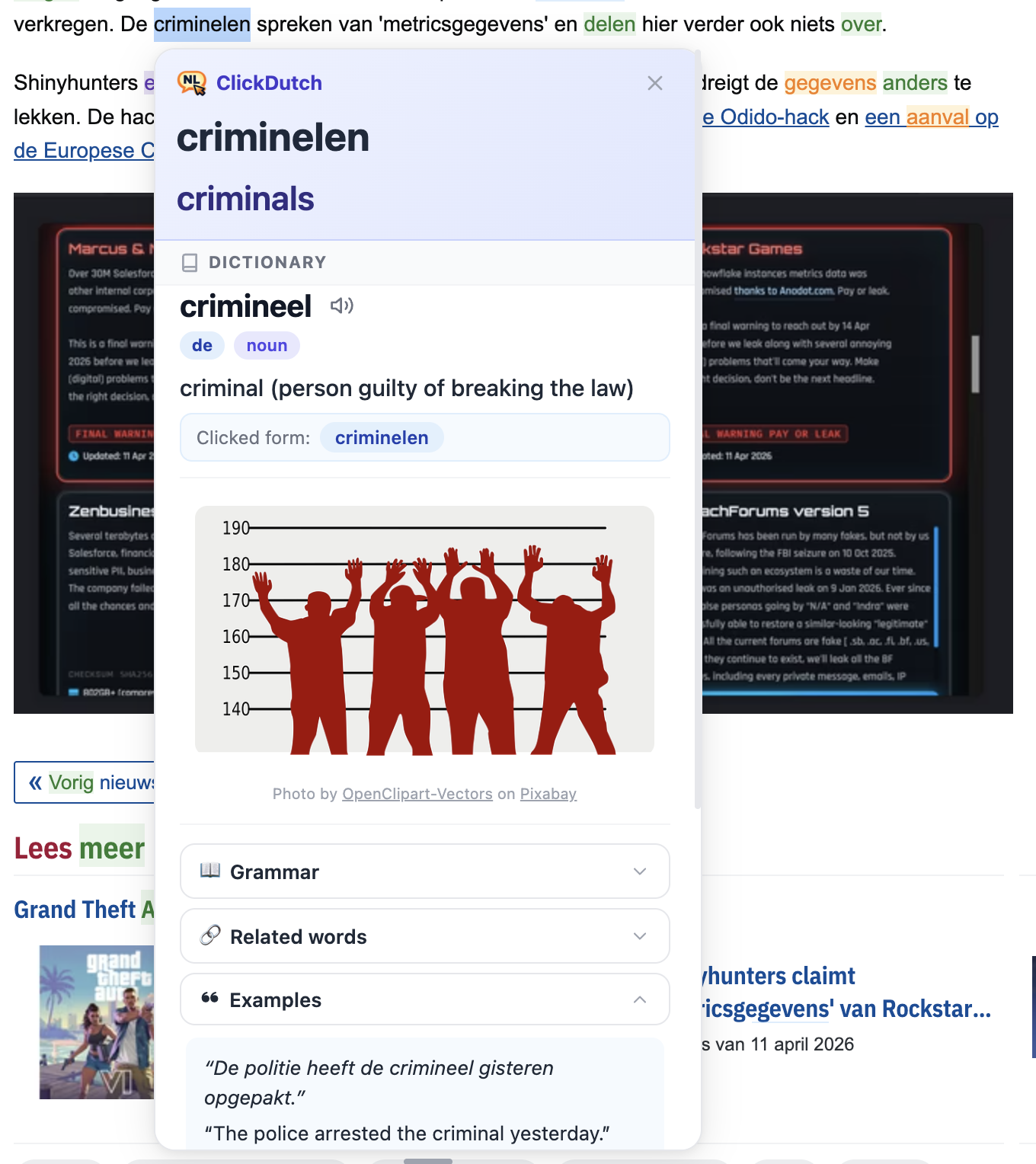 ClickDutch extension showing translation and grammar for another Dutch noun