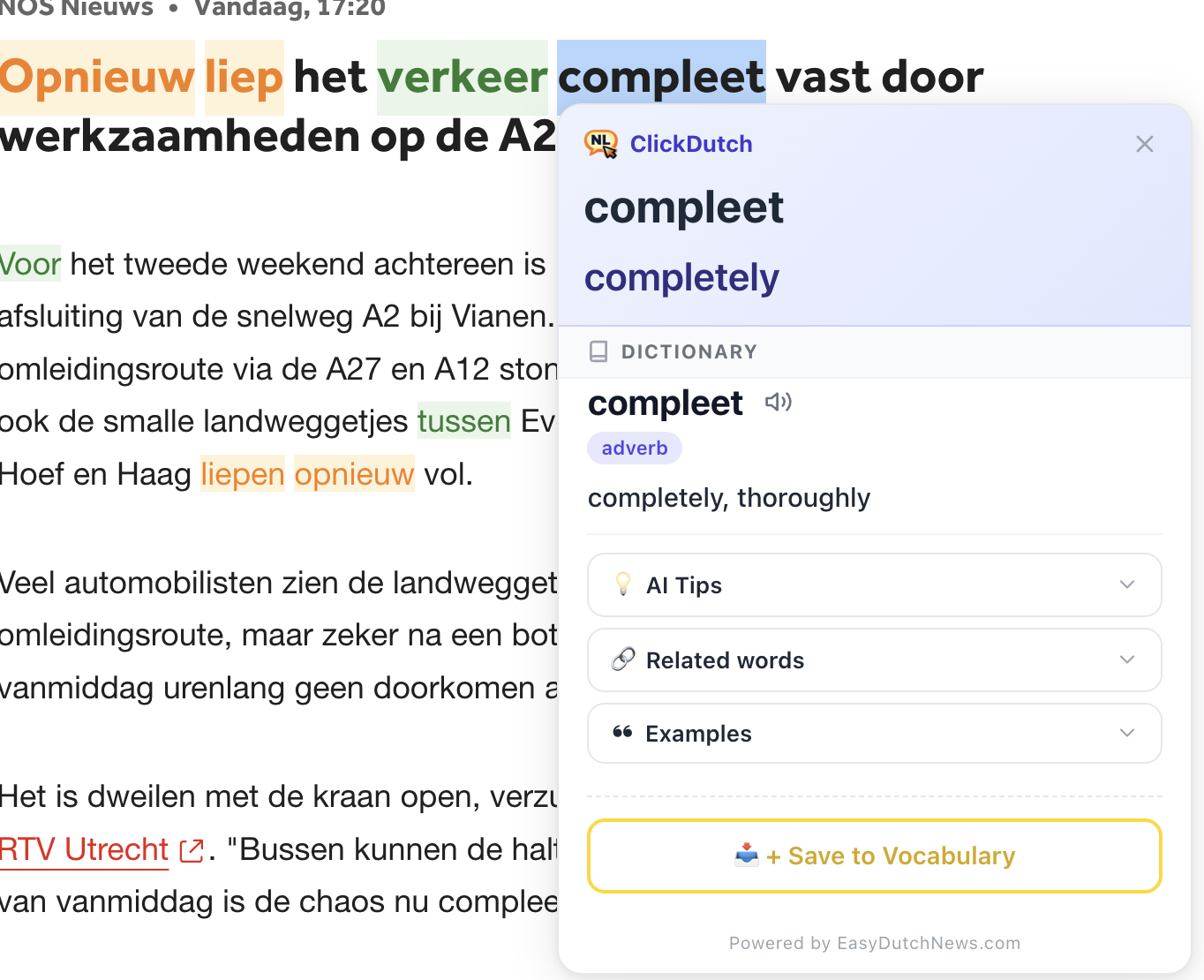 ClickDutch extension showing translation and grammar for a Dutch noun