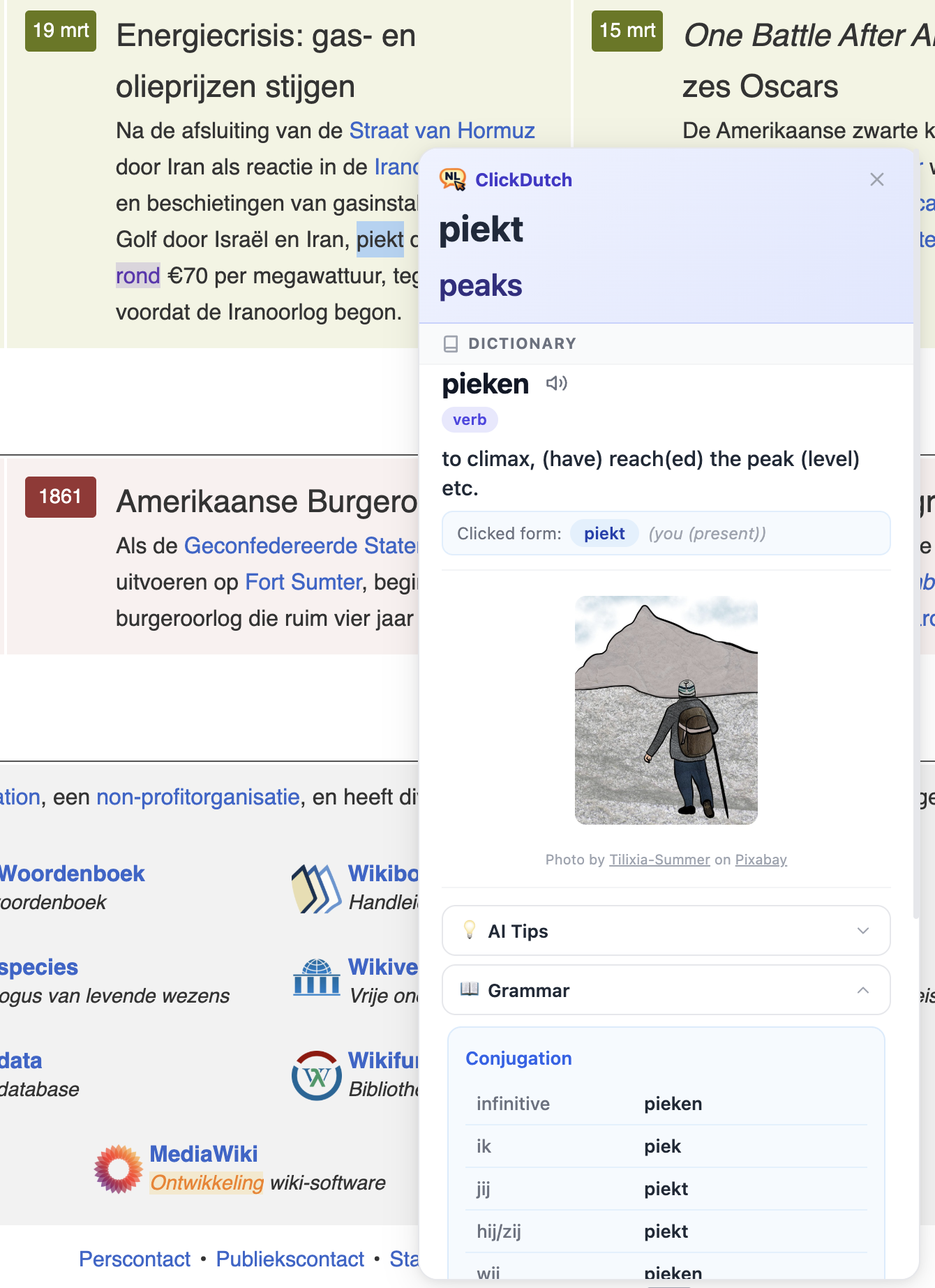 ClickDutch extension showing translation and conjugation for a Dutch verb